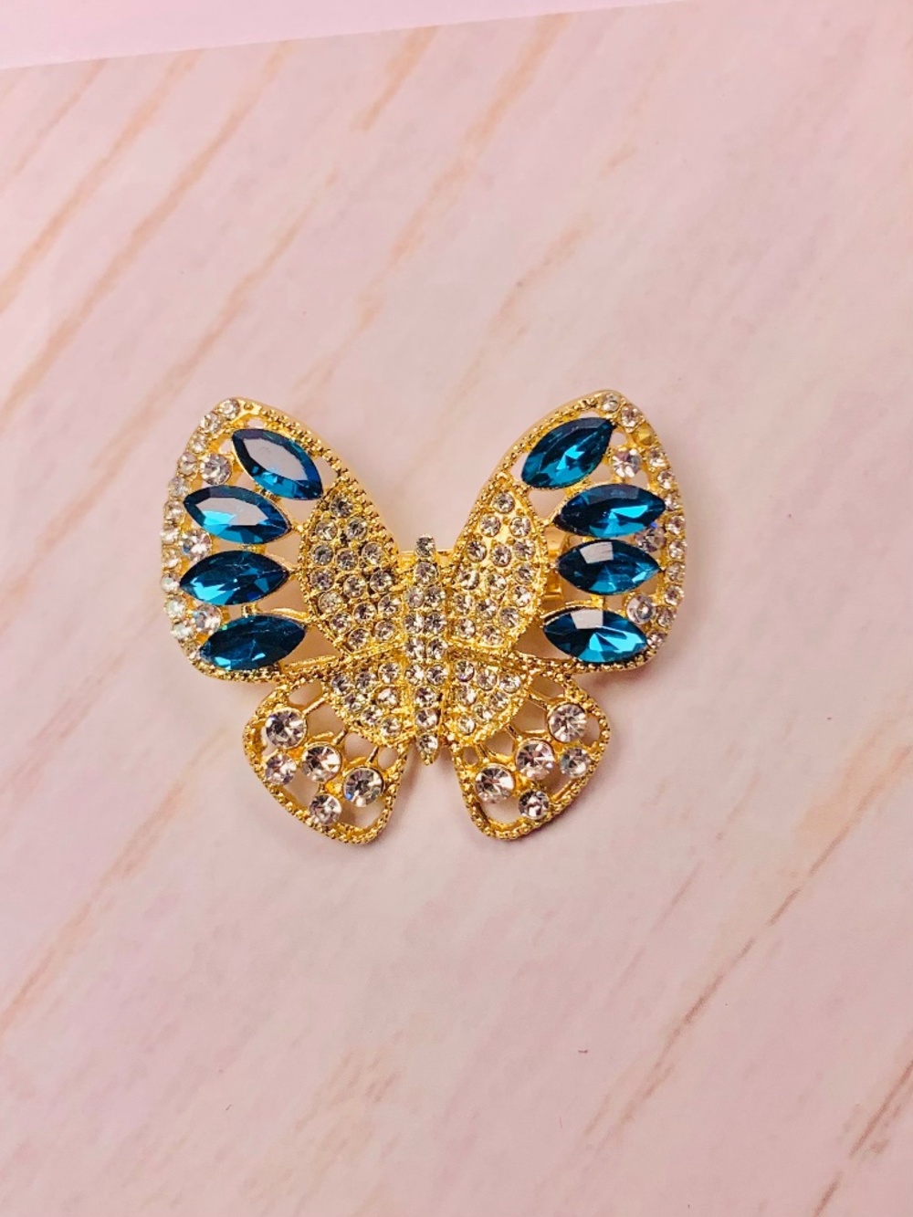 Whimsical Blue Clear Rhinestone Butterfly Insect Gold-Tone Statement Brooch Pin
